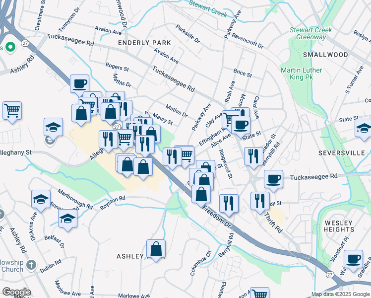 map of restaurants, bars, coffee shops, grocery stores, and more near in Charlotte