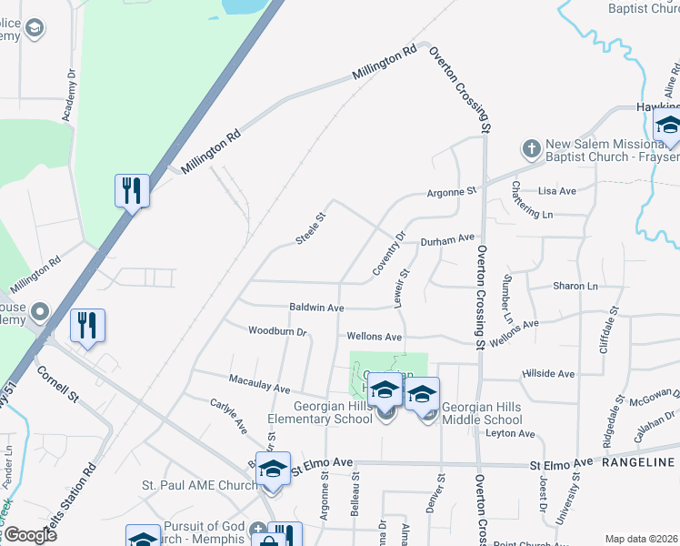 map of restaurants, bars, coffee shops, grocery stores, and more near 1911 Coventry Drive in Memphis