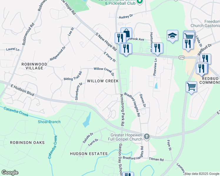 map of restaurants, bars, coffee shops, grocery stores, and more near 906 Willow Wind Drive in Gastonia
