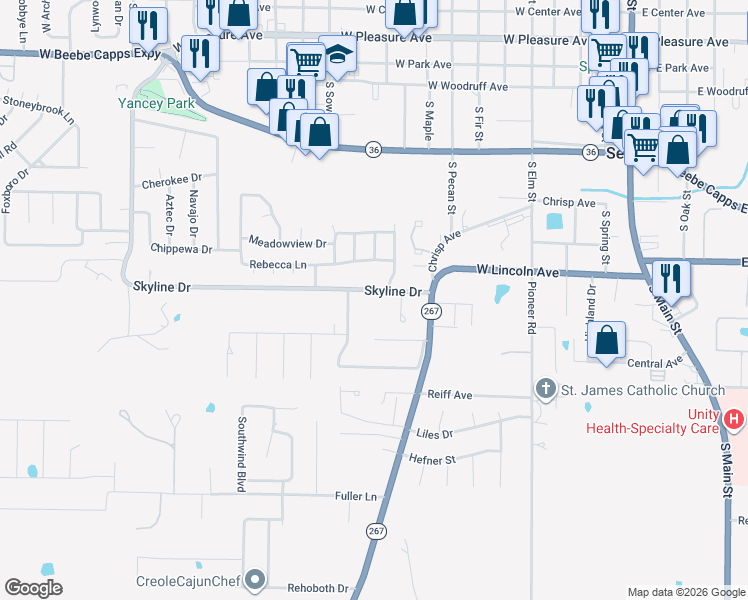 map of restaurants, bars, coffee shops, grocery stores, and more near 803 Skyline Drive in Searcy