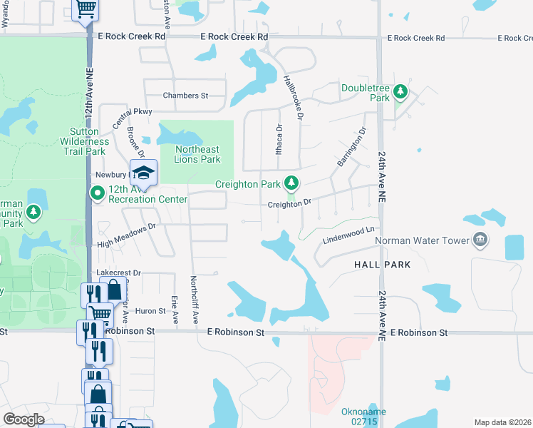 map of restaurants, bars, coffee shops, grocery stores, and more near 1703 Wheaton Drive in Norman