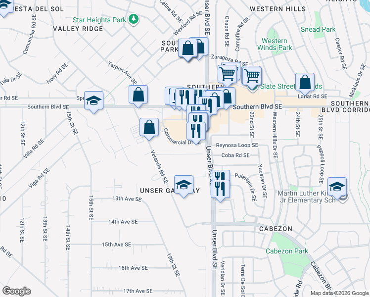 map of restaurants, bars, coffee shops, grocery stores, and more near 1866 11th Avenue Southeast in Rio Rancho