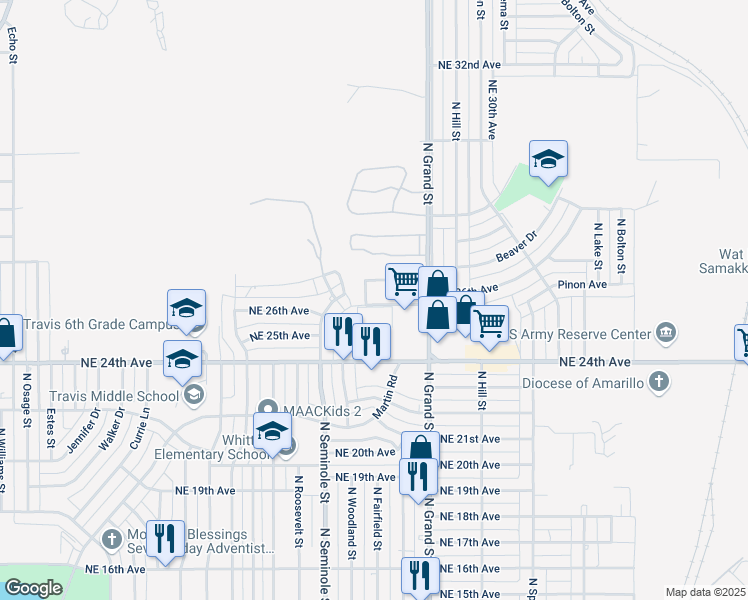 map of restaurants, bars, coffee shops, grocery stores, and more near 2601 North Grand Street in Amarillo