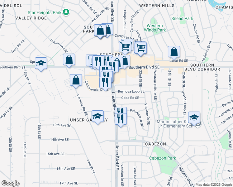 map of restaurants, bars, coffee shops, grocery stores, and more near 949 Reynosa Loop Southeast in Rio Rancho