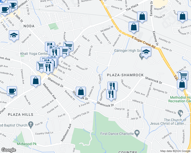 map of restaurants, bars, coffee shops, grocery stores, and more near in Charlotte
