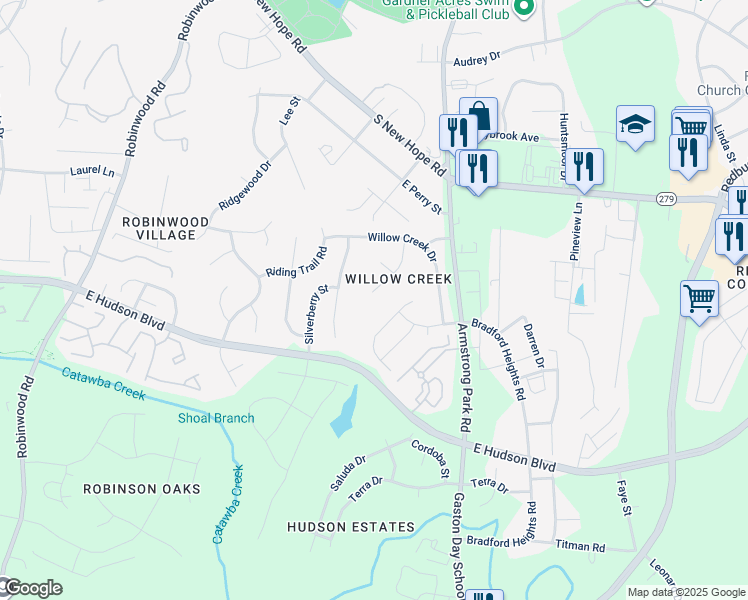 map of restaurants, bars, coffee shops, grocery stores, and more near 1000 Willow Wind Drive in Gastonia