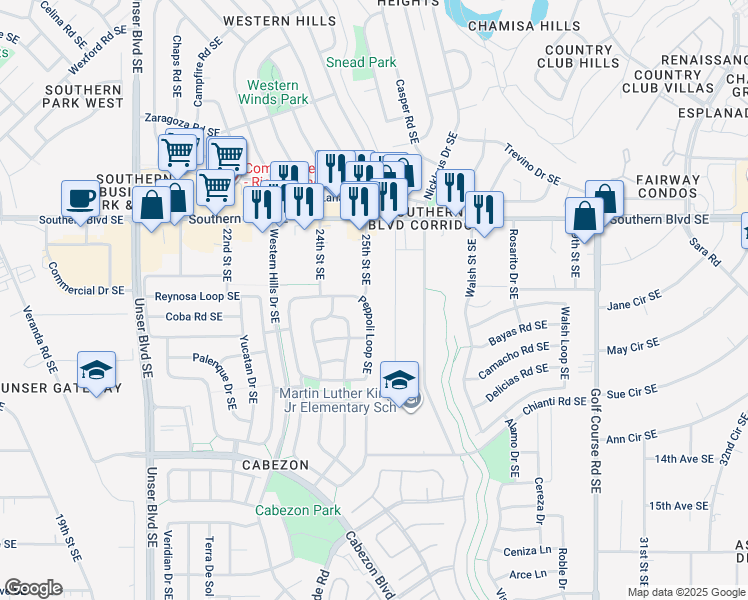 map of restaurants, bars, coffee shops, grocery stores, and more near 1382 Peppoli Loop Southeast in Rio Rancho