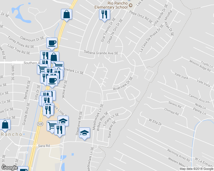 map of restaurants, bars, coffee shops, grocery stores, and more near 607 Fountain Court Southeast in Rio Rancho