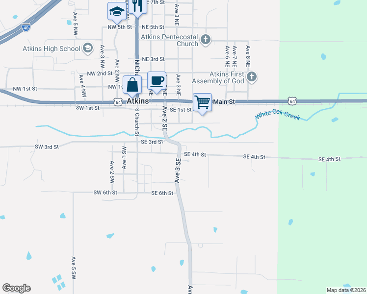 map of restaurants, bars, coffee shops, grocery stores, and more near 401 Avenue 3 Southeast in Atkins