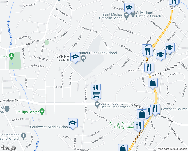 map of restaurants, bars, coffee shops, grocery stores, and more near 1650 Herman Drive in Gastonia