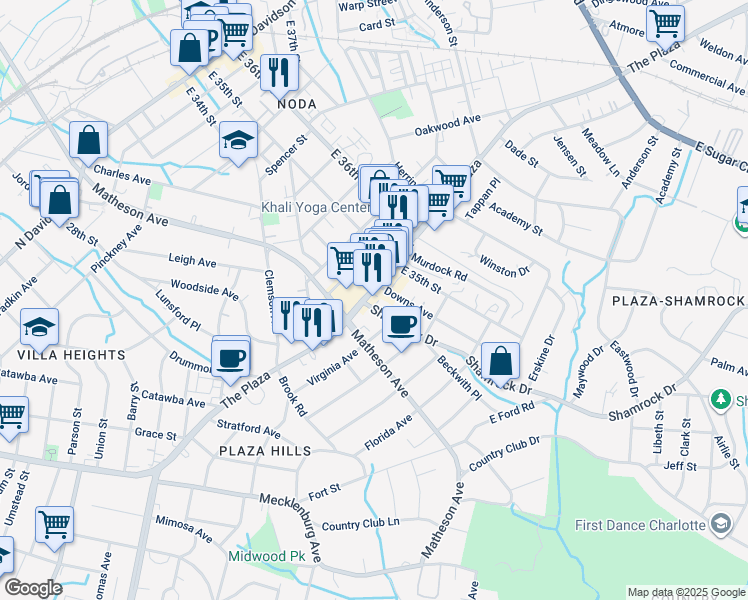 map of restaurants, bars, coffee shops, grocery stores, and more near 3100 The Plaza in Charlotte