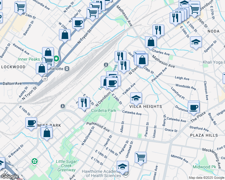 map of restaurants, bars, coffee shops, grocery stores, and more near North Davidson Street in Charlotte