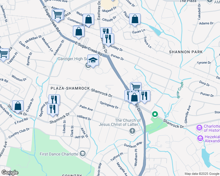 map of restaurants, bars, coffee shops, grocery stores, and more near 2727 Shamrock Drive in Charlotte