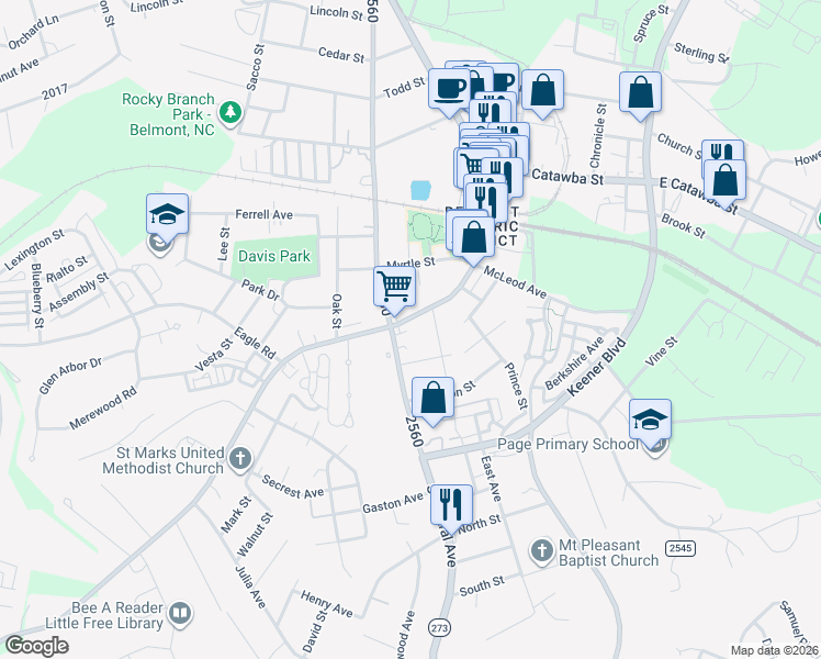 map of restaurants, bars, coffee shops, grocery stores, and more near 308 South Main Street in Belmont