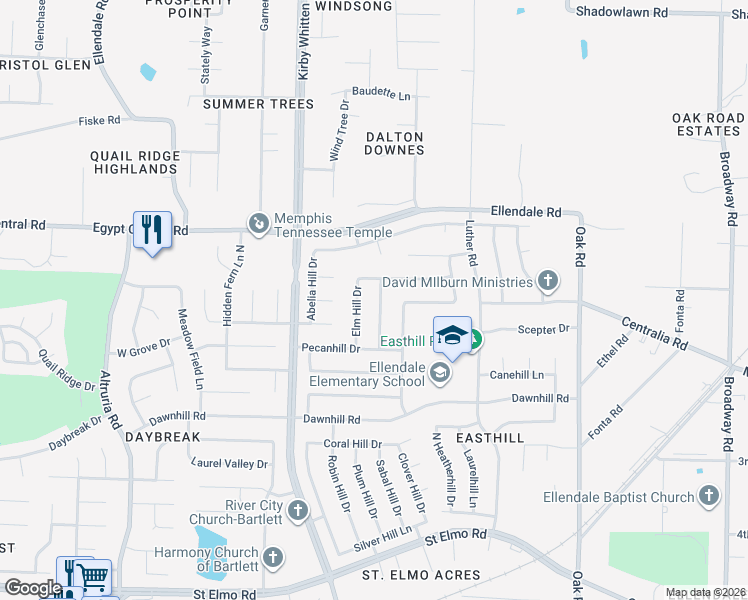 map of restaurants, bars, coffee shops, grocery stores, and more near 4141 Mimosa Hill Lane in Bartlett