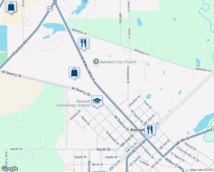 map of restaurants, bars, coffee shops, grocery stores, and more near 109 Southeast First Street in Kensett
