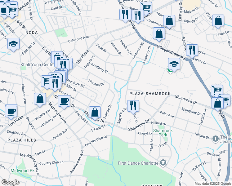 map of restaurants, bars, coffee shops, grocery stores, and more near 2000 Patio Court in Charlotte