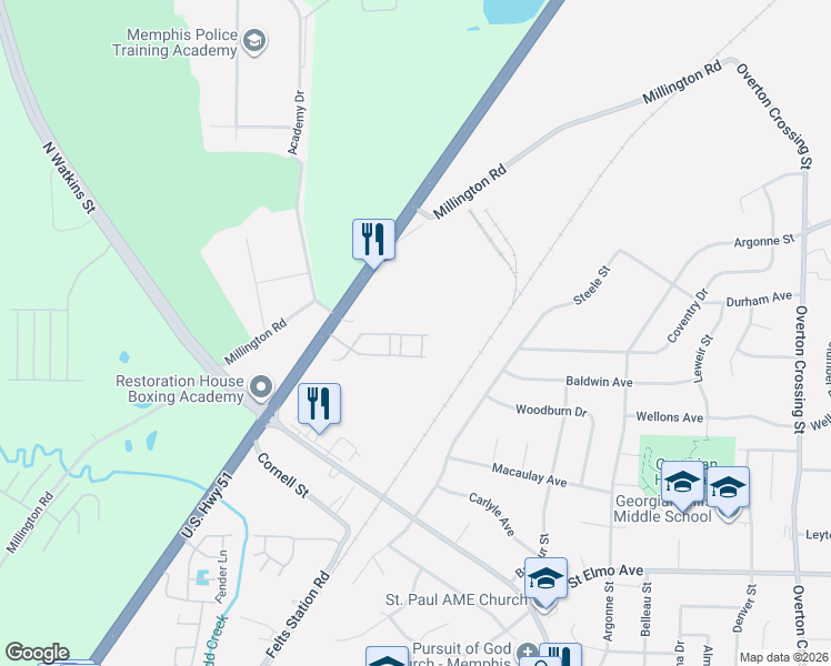 map of restaurants, bars, coffee shops, grocery stores, and more near 4210 Tennessee 3 in Memphis