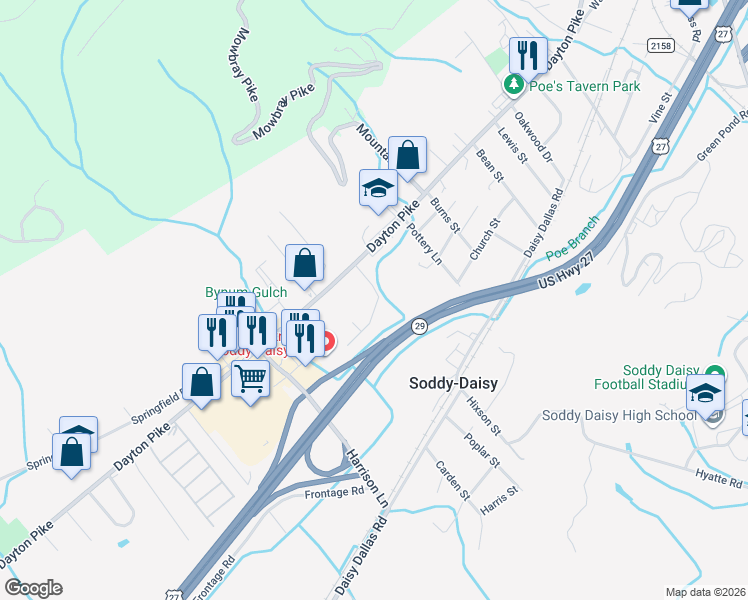map of restaurants, bars, coffee shops, grocery stores, and more near 144 Pottery Lane in Soddy-Daisy