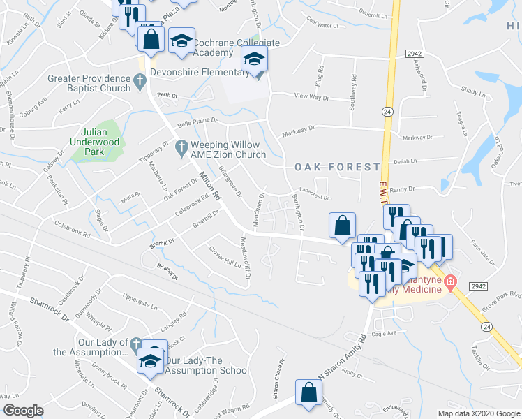 map of restaurants, bars, coffee shops, grocery stores, and more near 4506 Mendham Drive in Charlotte