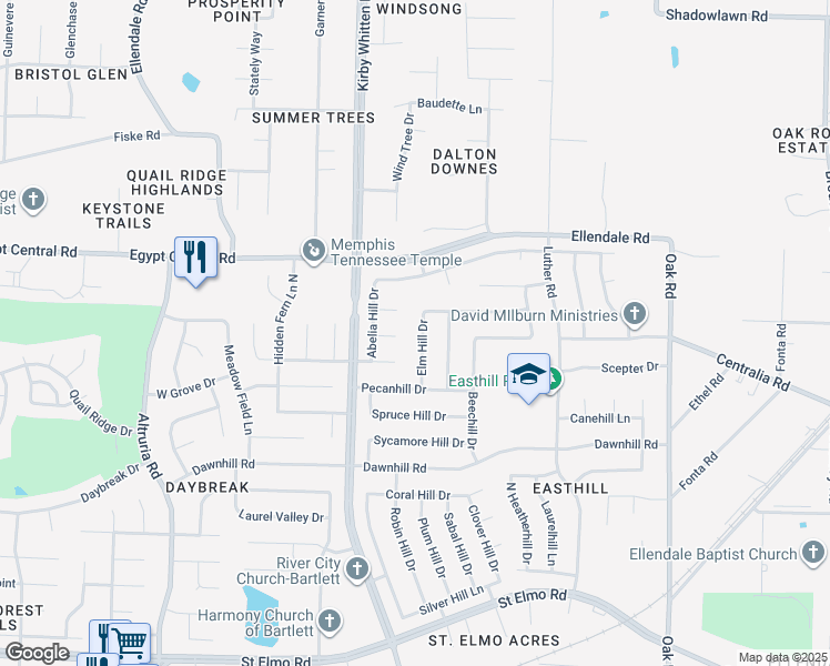 map of restaurants, bars, coffee shops, grocery stores, and more near 4158 Elm Hill Drive in Memphis