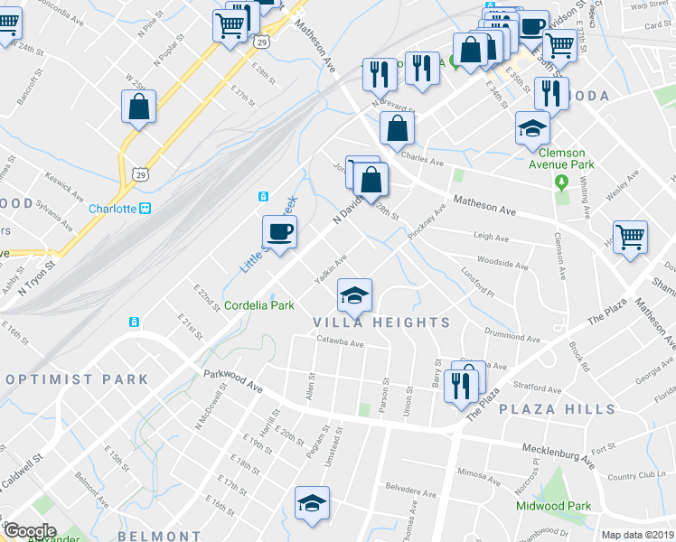 map of restaurants, bars, coffee shops, grocery stores, and more near 2216 Yadkin Avenue in Charlotte