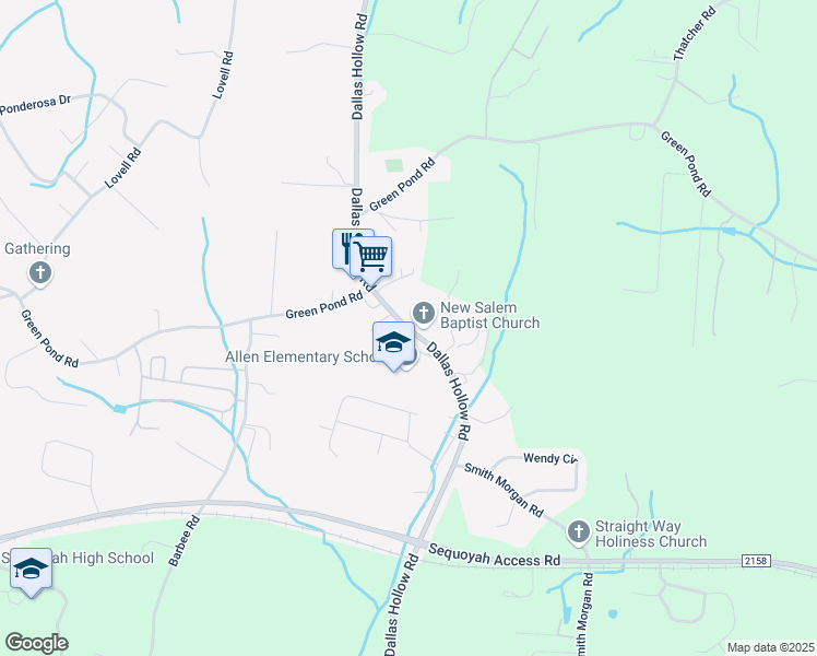 map of restaurants, bars, coffee shops, grocery stores, and more near 9731 Dallas Hollow Road in Soddy-Daisy