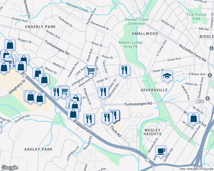 map of restaurants, bars, coffee shops, grocery stores, and more near 1009 State Street in Charlotte