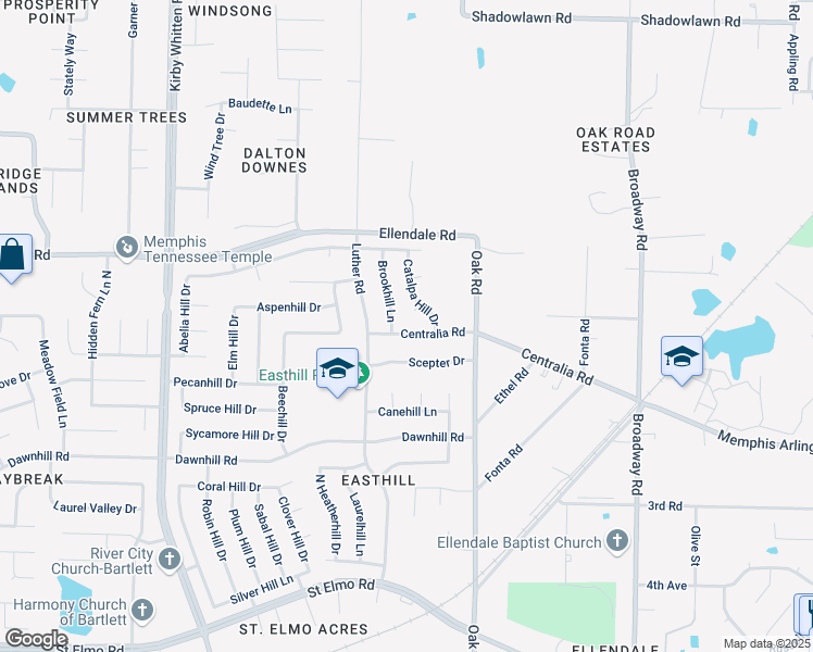 map of restaurants, bars, coffee shops, grocery stores, and more near 4163 Brookhill Lane in Memphis