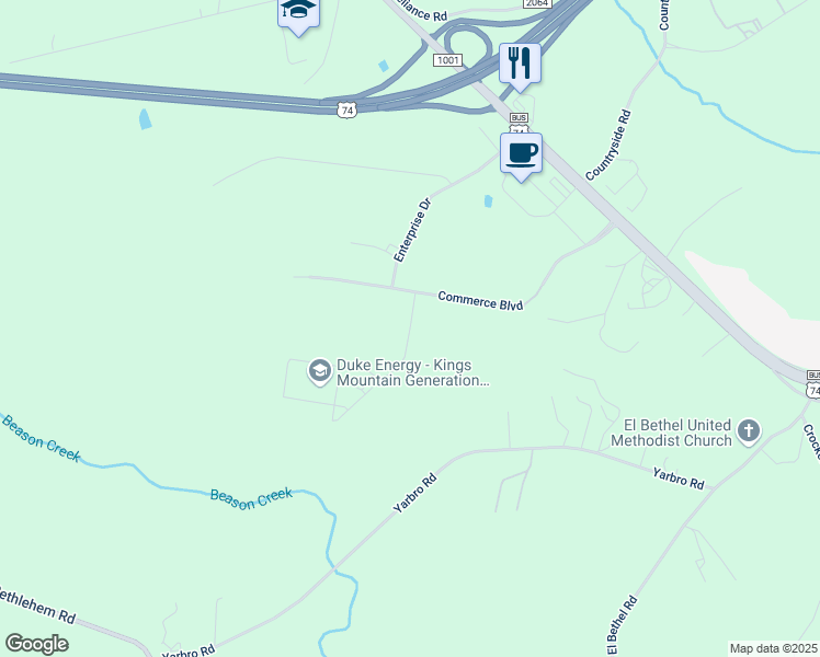 map of restaurants, bars, coffee shops, grocery stores, and more near 1040 Beason Creek Road in Kings Mountain