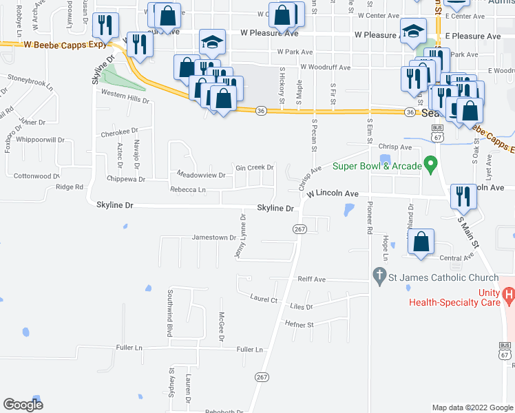 map of restaurants, bars, coffee shops, grocery stores, and more near 804 Skyline Drive in Searcy