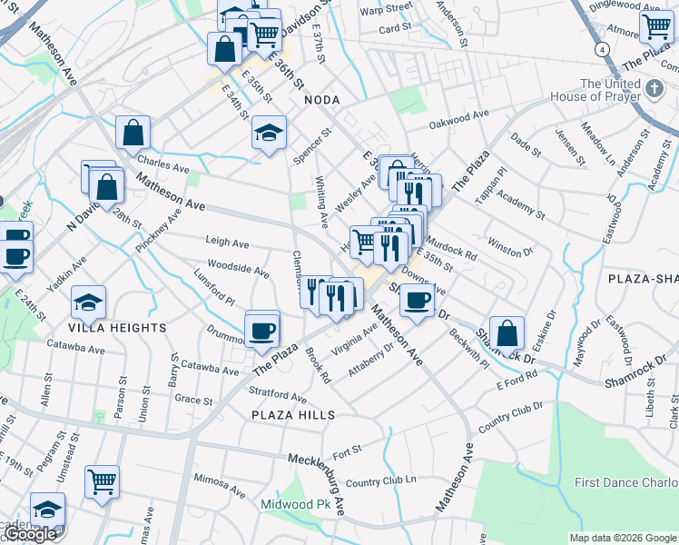 map of restaurants, bars, coffee shops, grocery stores, and more near 3008 Holt Street in Charlotte