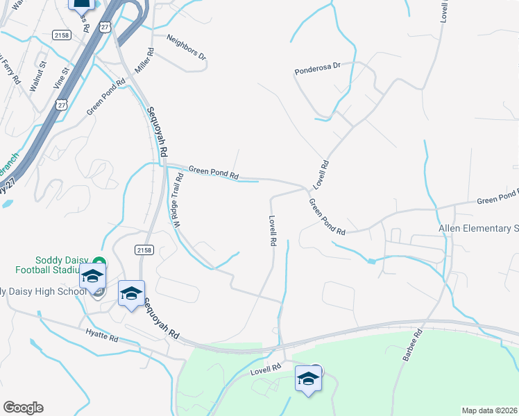 map of restaurants, bars, coffee shops, grocery stores, and more near 9827 Lovell Road in Soddy-Daisy