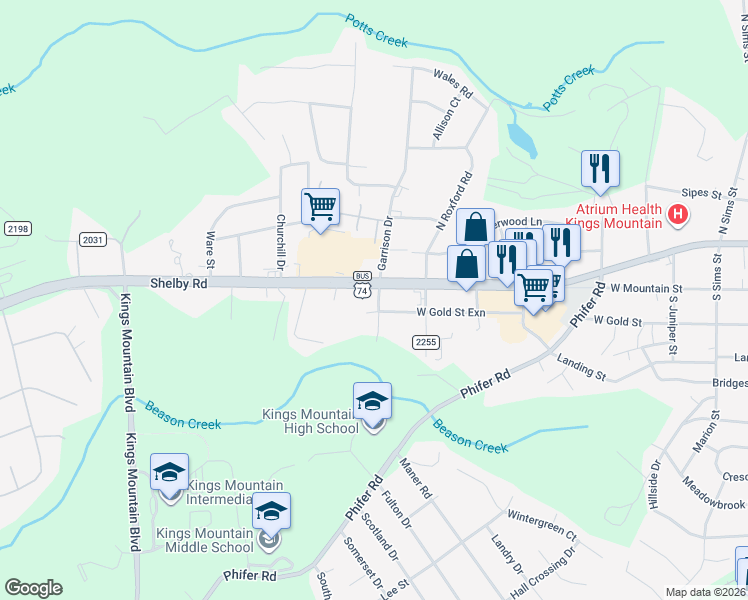 map of restaurants, bars, coffee shops, grocery stores, and more near 1206 Shelby Road in Kings Mountain