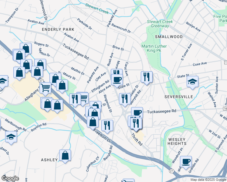map of restaurants, bars, coffee shops, grocery stores, and more near 2704 Tuckaseegee Road in Charlotte