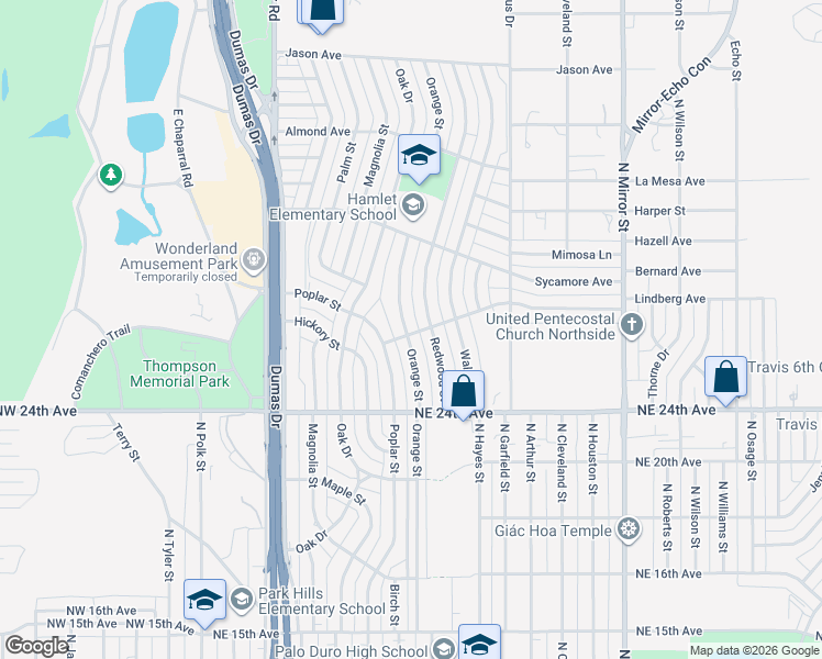 map of restaurants, bars, coffee shops, grocery stores, and more near 2504 Orange Street in Amarillo