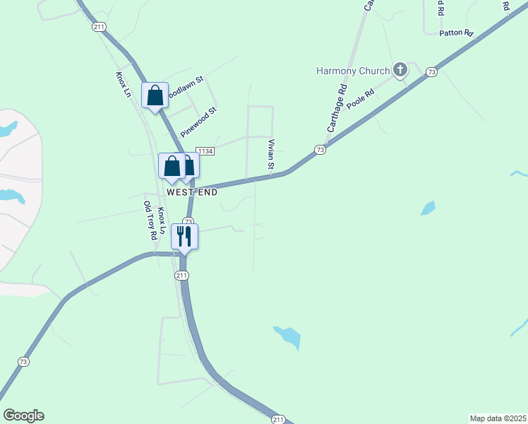 map of restaurants, bars, coffee shops, grocery stores, and more near 155 Beauty Road in Moore County