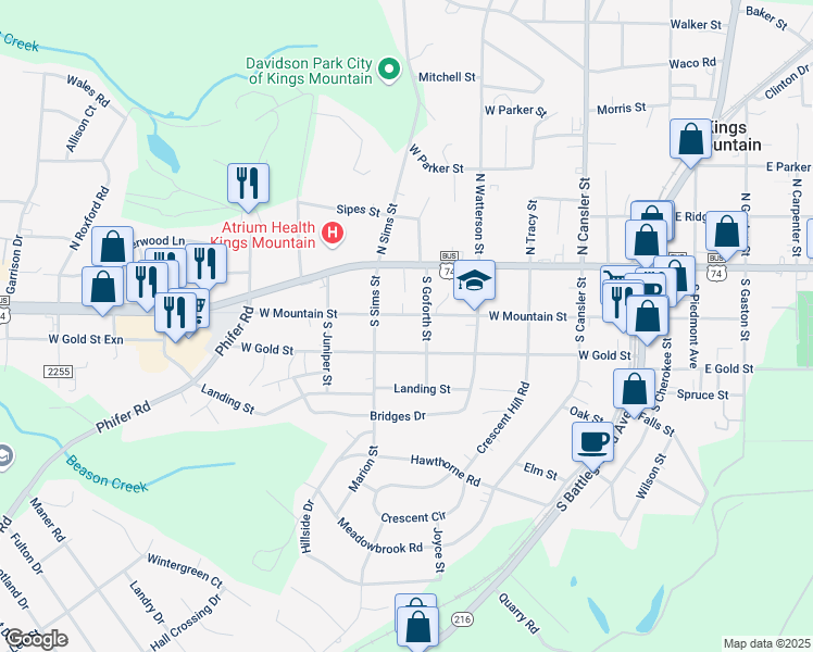 map of restaurants, bars, coffee shops, grocery stores, and more near 608 West Mountain Street in Kings Mountain