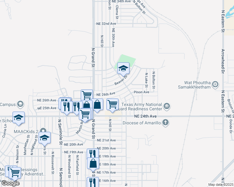 map of restaurants, bars, coffee shops, grocery stores, and more near 3827 Northeast 26th Avenue in Amarillo