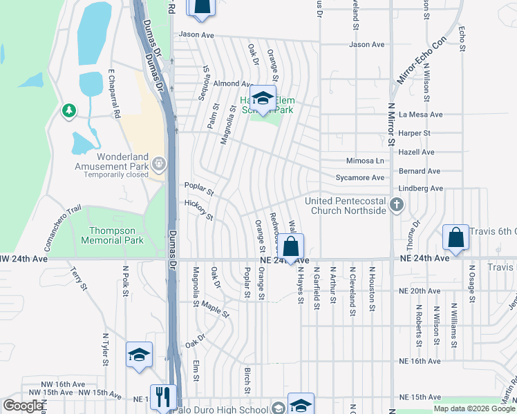 map of restaurants, bars, coffee shops, grocery stores, and more near 2504 Orange Street in Amarillo