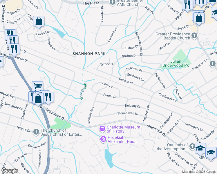map of restaurants, bars, coffee shops, grocery stores, and more near 3942 Glenville Avenue in Charlotte