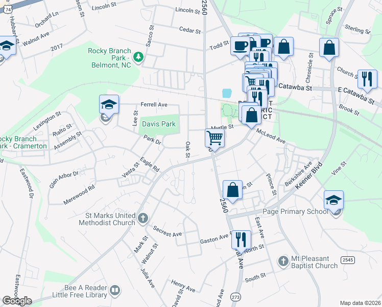 map of restaurants, bars, coffee shops, grocery stores, and more near 12 Oak Street in Belmont