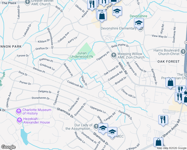 map of restaurants, bars, coffee shops, grocery stores, and more near 4109 Malta Place in Charlotte