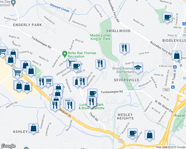 map of restaurants, bars, coffee shops, grocery stores, and more near 921 Ambassador Street in Charlotte