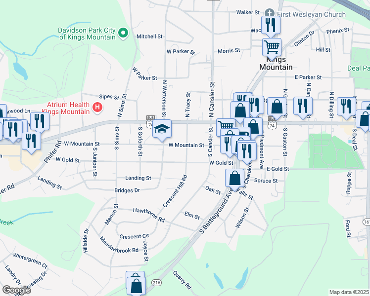 map of restaurants, bars, coffee shops, grocery stores, and more near 402 West Mountain Street in Kings Mountain