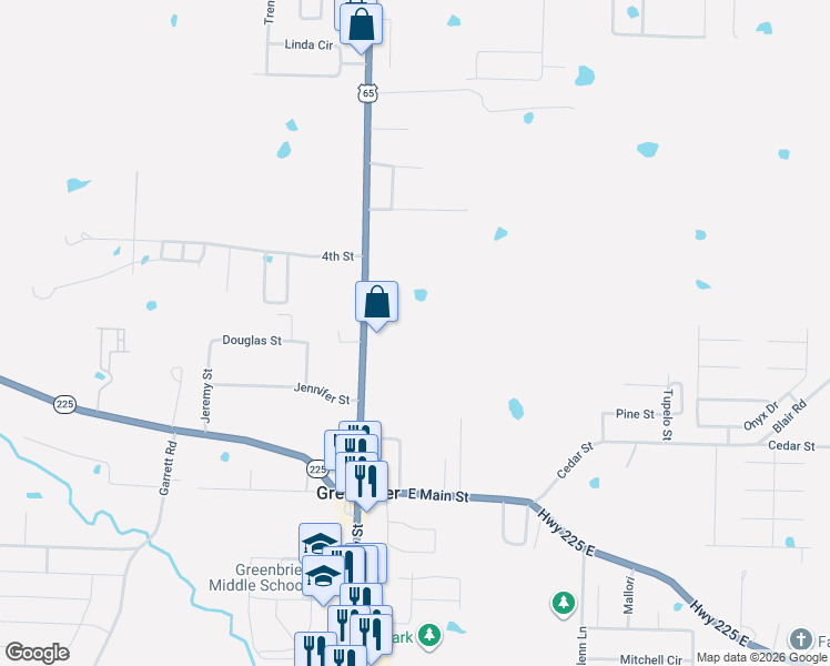 map of restaurants, bars, coffee shops, grocery stores, and more near 44 North Broadview Street in Greenbrier