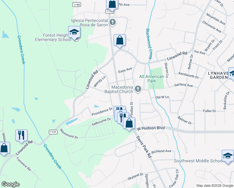 map of restaurants, bars, coffee shops, grocery stores, and more near 1622 Anthony Drive in Gastonia