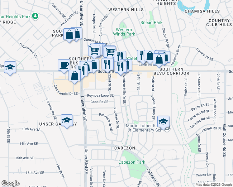 map of restaurants, bars, coffee shops, grocery stores, and more near 1116 Reynosa Loop Southeast in Rio Rancho