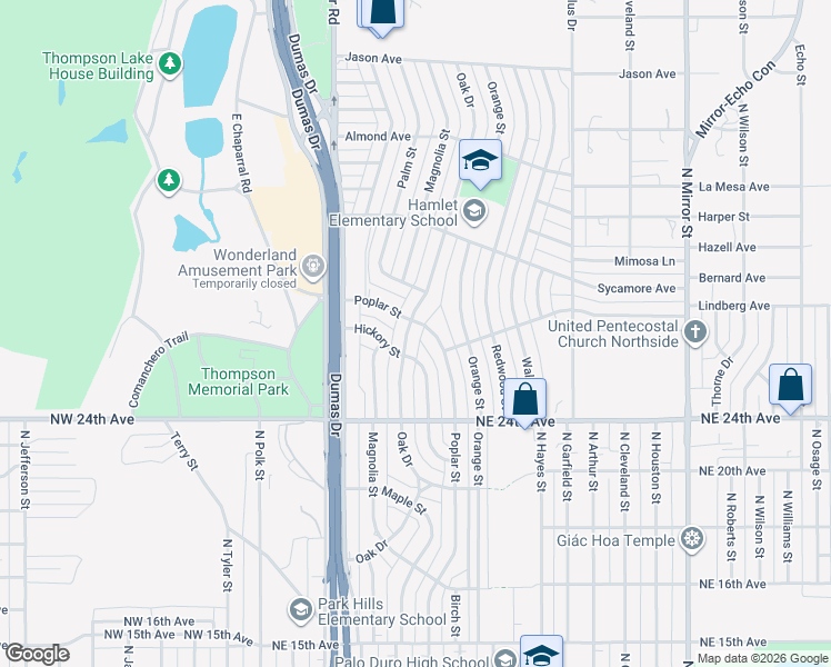 map of restaurants, bars, coffee shops, grocery stores, and more near 2510 Poplar Street in Amarillo