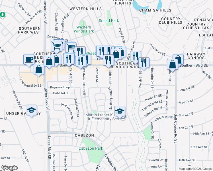 map of restaurants, bars, coffee shops, grocery stores, and more near 1015 25th Street Southeast in Rio Rancho